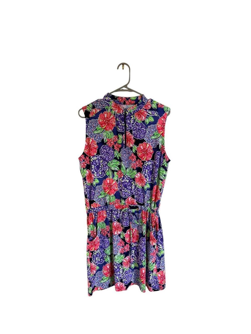 IBKUL Larisa Sleeveless Drawstring Golf Dress Navy Multi Floral UPF 50+ Size L